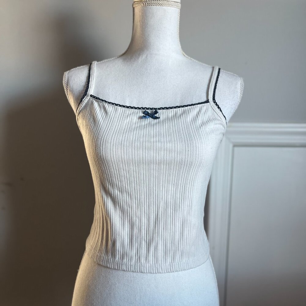 White Ribbed Tank Top with Black Trim, Adjustable Straps, Fitted Style